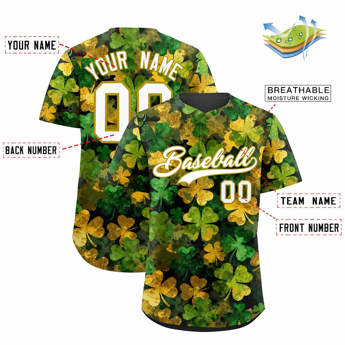 Custom Black White St.Patrick&#39;s Day Personalized Four Leaf Clover Pattern Baseball Jersey