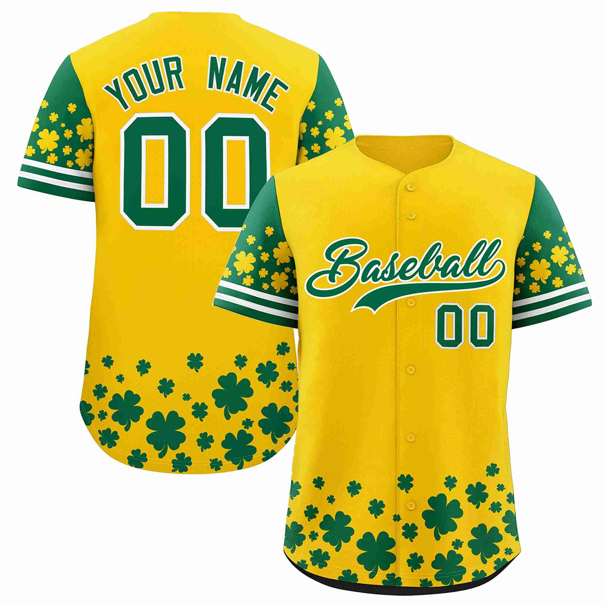 Custom Gold Kelly Green St.Patrick's Day Personalized Four Leaf Clover Pattern Baseball Jersey