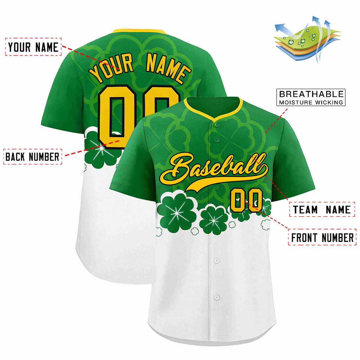 Custom White Kelly Green St.Patrick&#39;s Day Personalized Four Leaf Clover Pattern Baseball Jersey