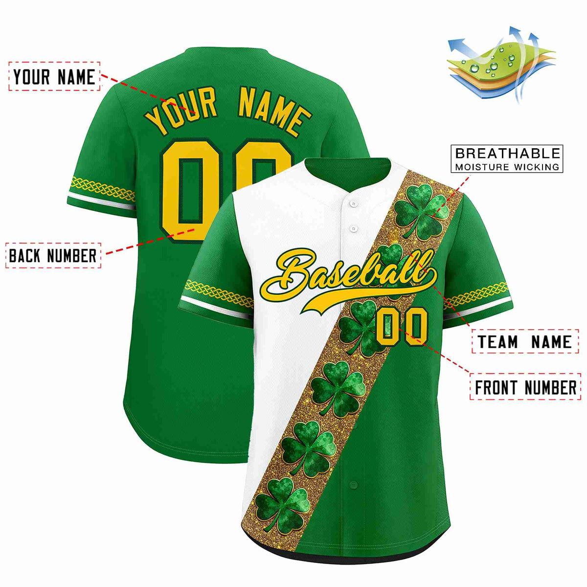 Custom White Kelly Green St.Patrick&#39;s Day Personalized Four Leaf Clover Pattern Baseball Jersey