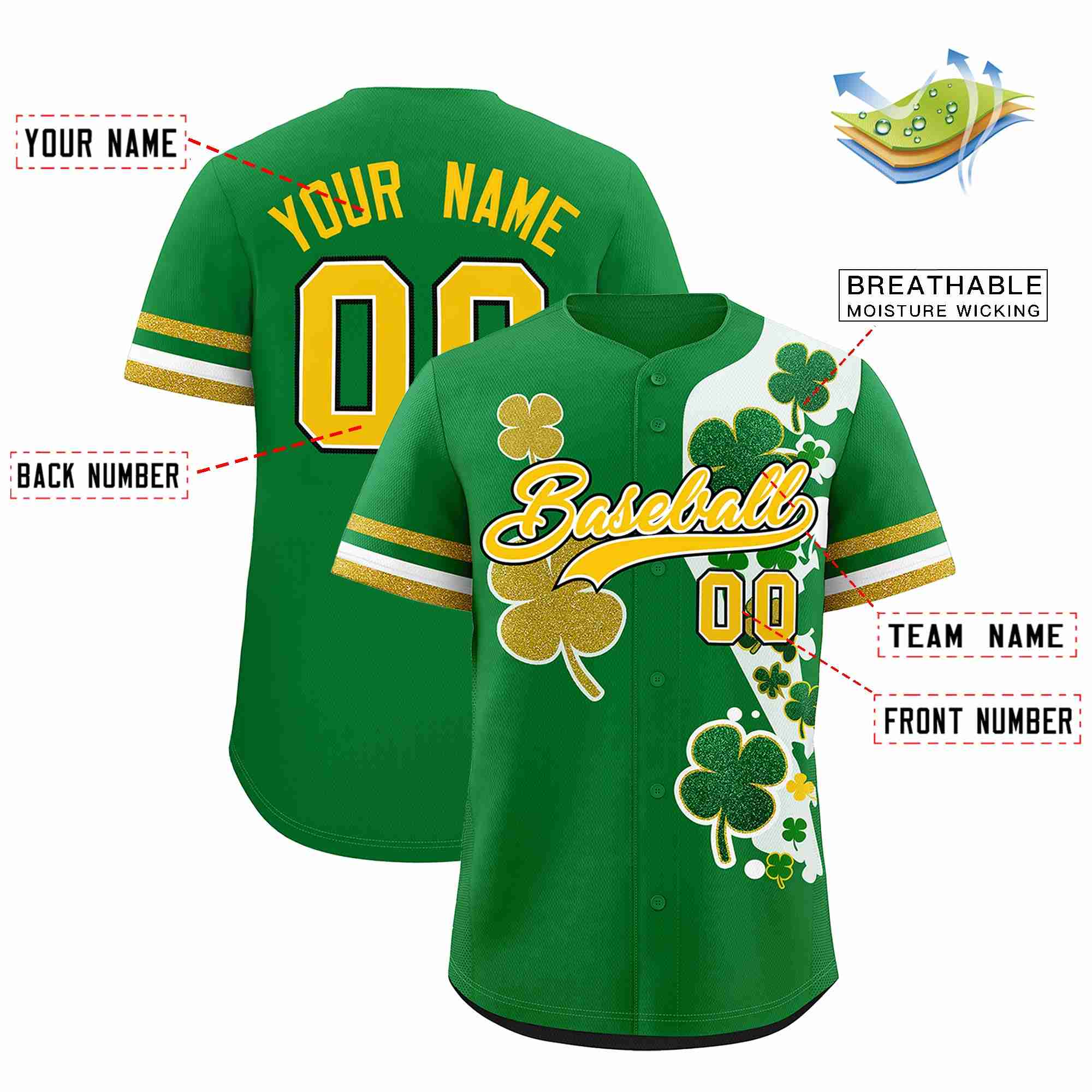 Custom Kelly Green Gold St.Patrick's Day Personalized Four Leaf Clover Pattern Baseball Jersey