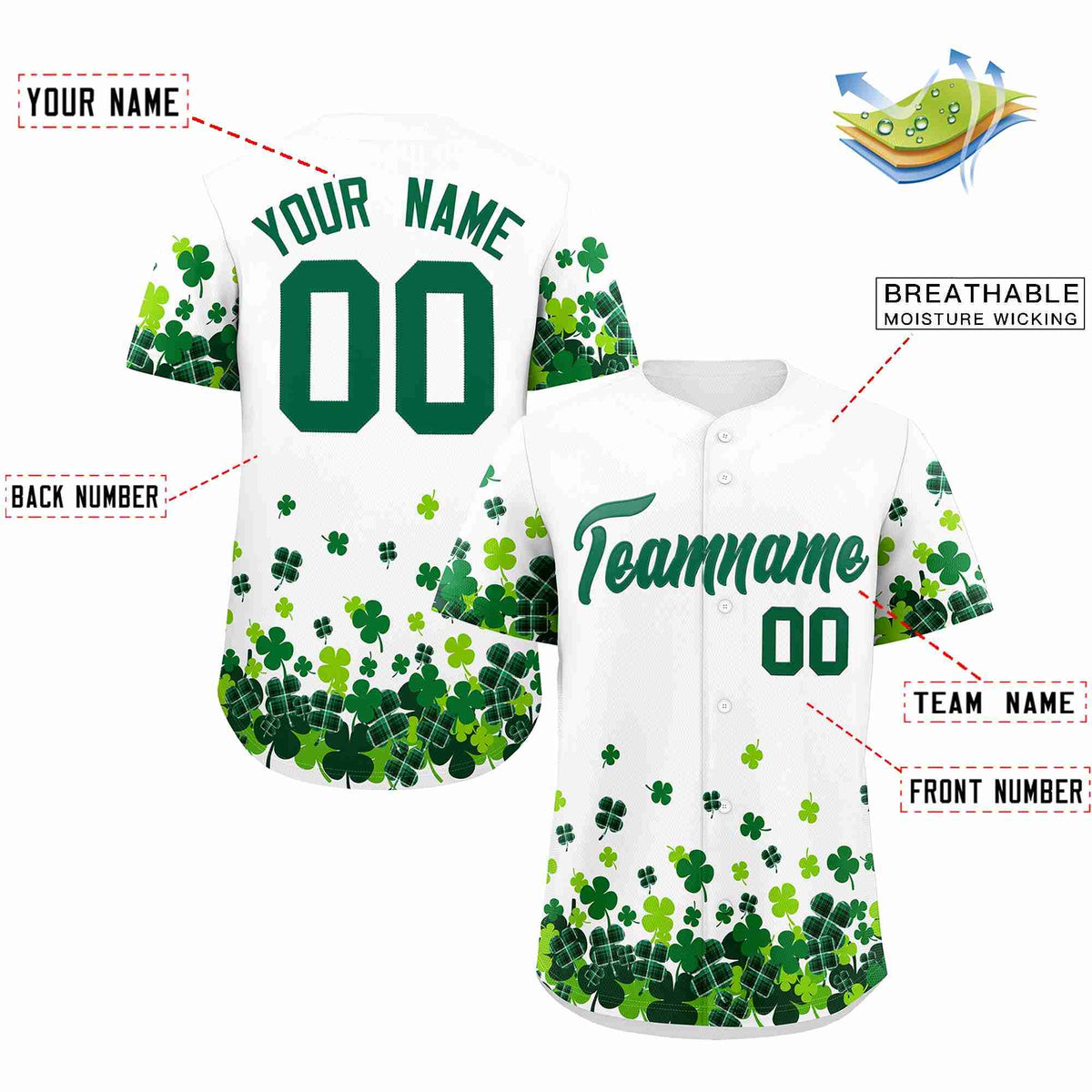 Custom White Green St.Patrick&#39;s Day Personalized Four Leaf Clover Pattern Baseball Jersey
