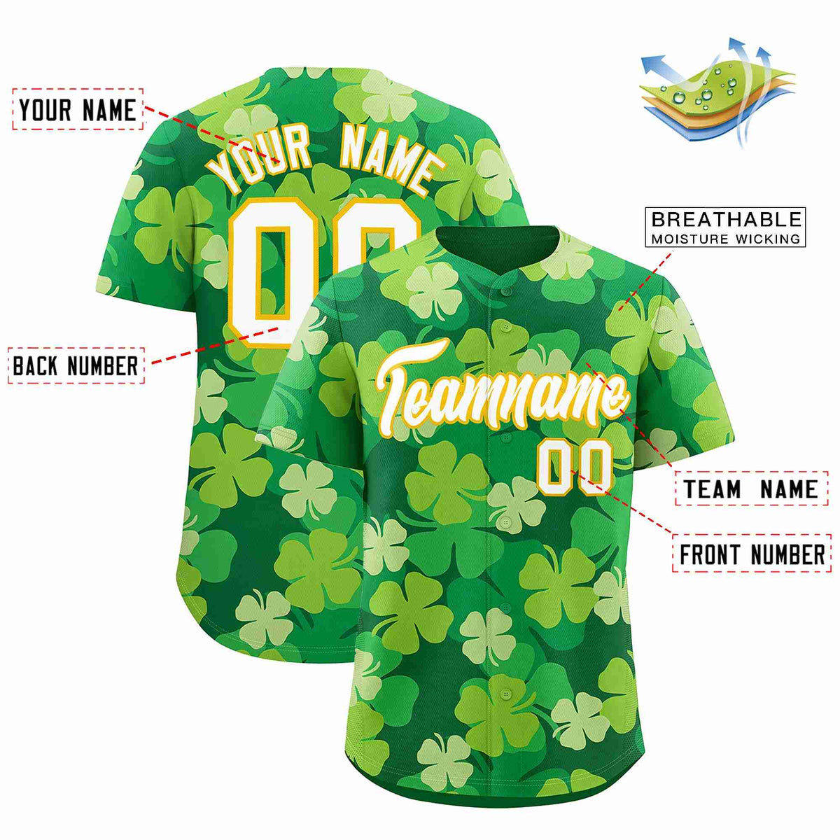 Custom Kelly Green White St.Patrick&#39;s Day Personalized Four Leaf Clover Pattern Baseball Jersey