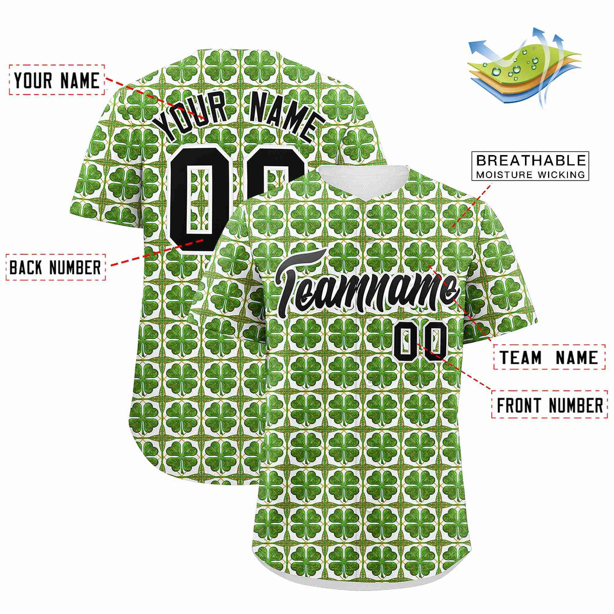 Custom White Black St.Patrick&#39;s Day Personalized Four Leaf Clover Pattern Baseball Jersey