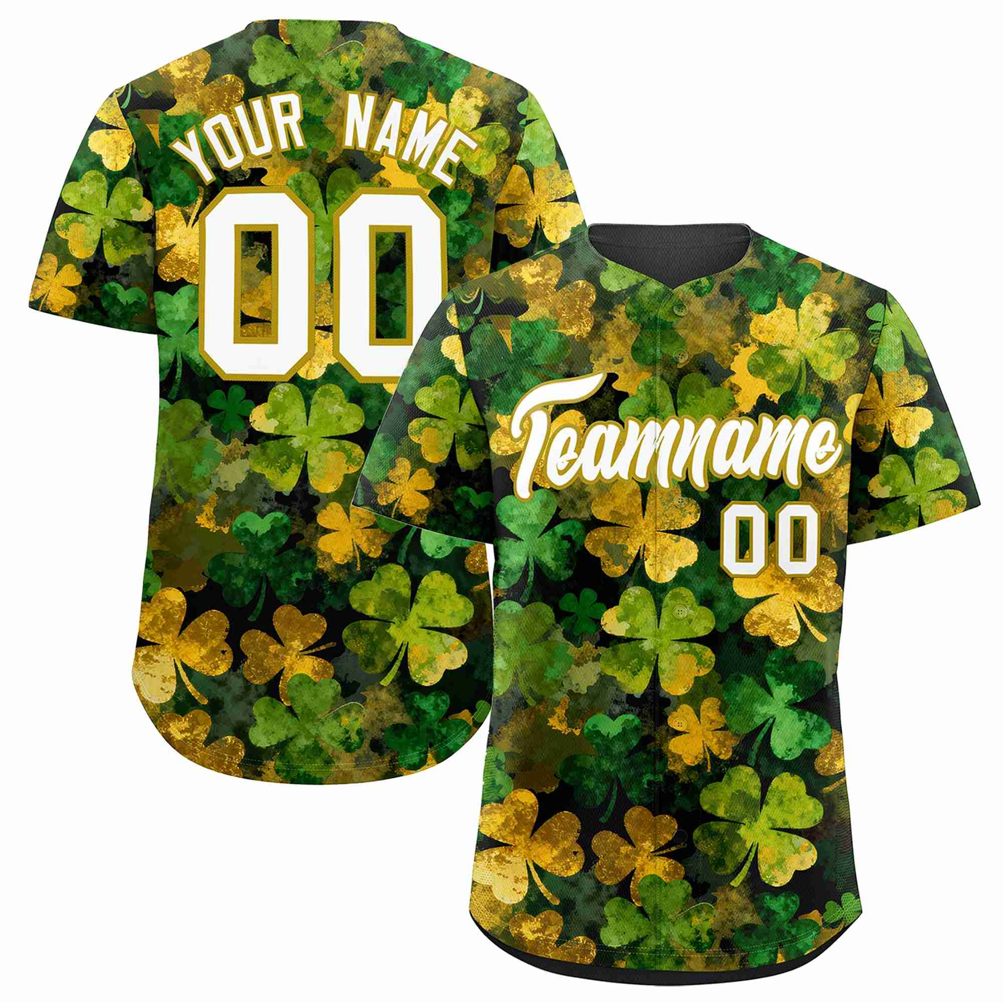 Custom Black White St.Patrick's Day Personalized Four Leaf Clover Pattern Baseball Jersey