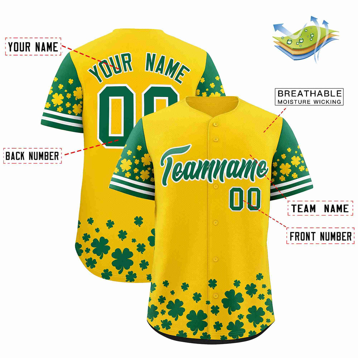 Custom Gold Kelly Green St.Patrick&#39;s Day Personalized Four Leaf Clover Pattern Baseball Jersey