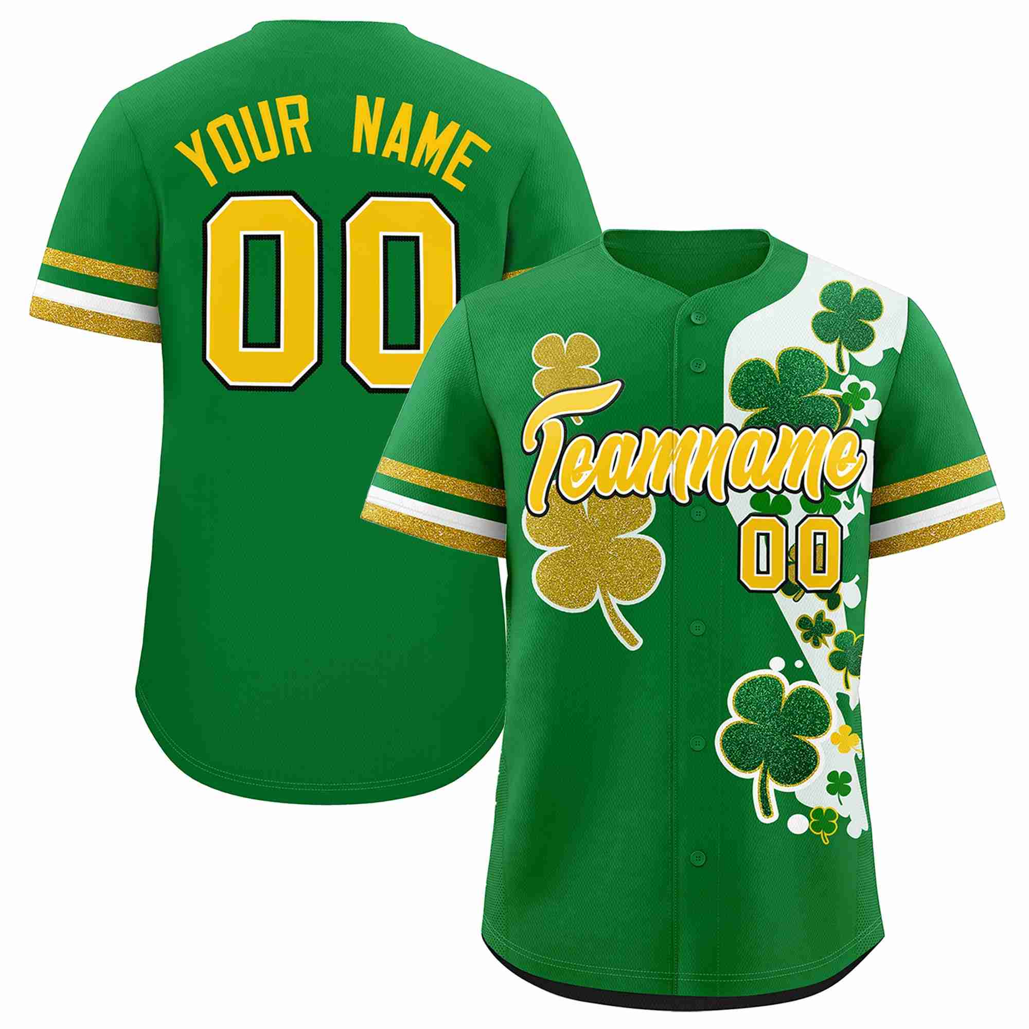 Custom Kelly Green Gold St.Patrick's Day Personalized Four Leaf Clover Pattern Baseball Jersey
