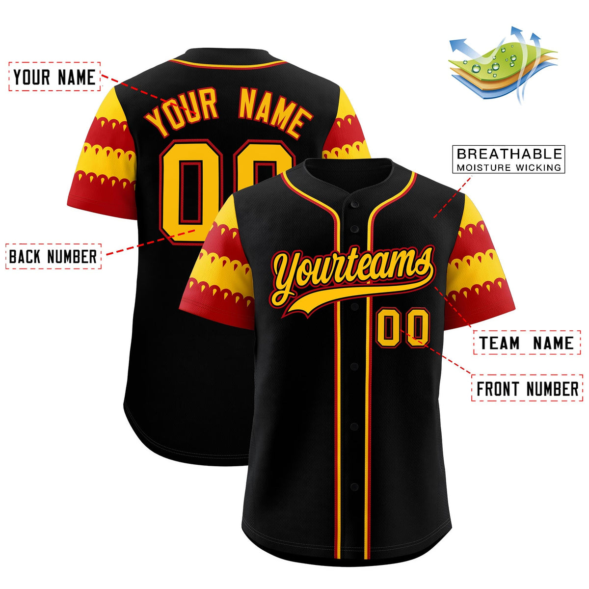 Custom Black Gold Red Sleeve Flag Lace Baseball Jersey | Sublimation Printed &amp; Embroidery,Add Name and Numbern,Perfect for Teams | KXKSHOP