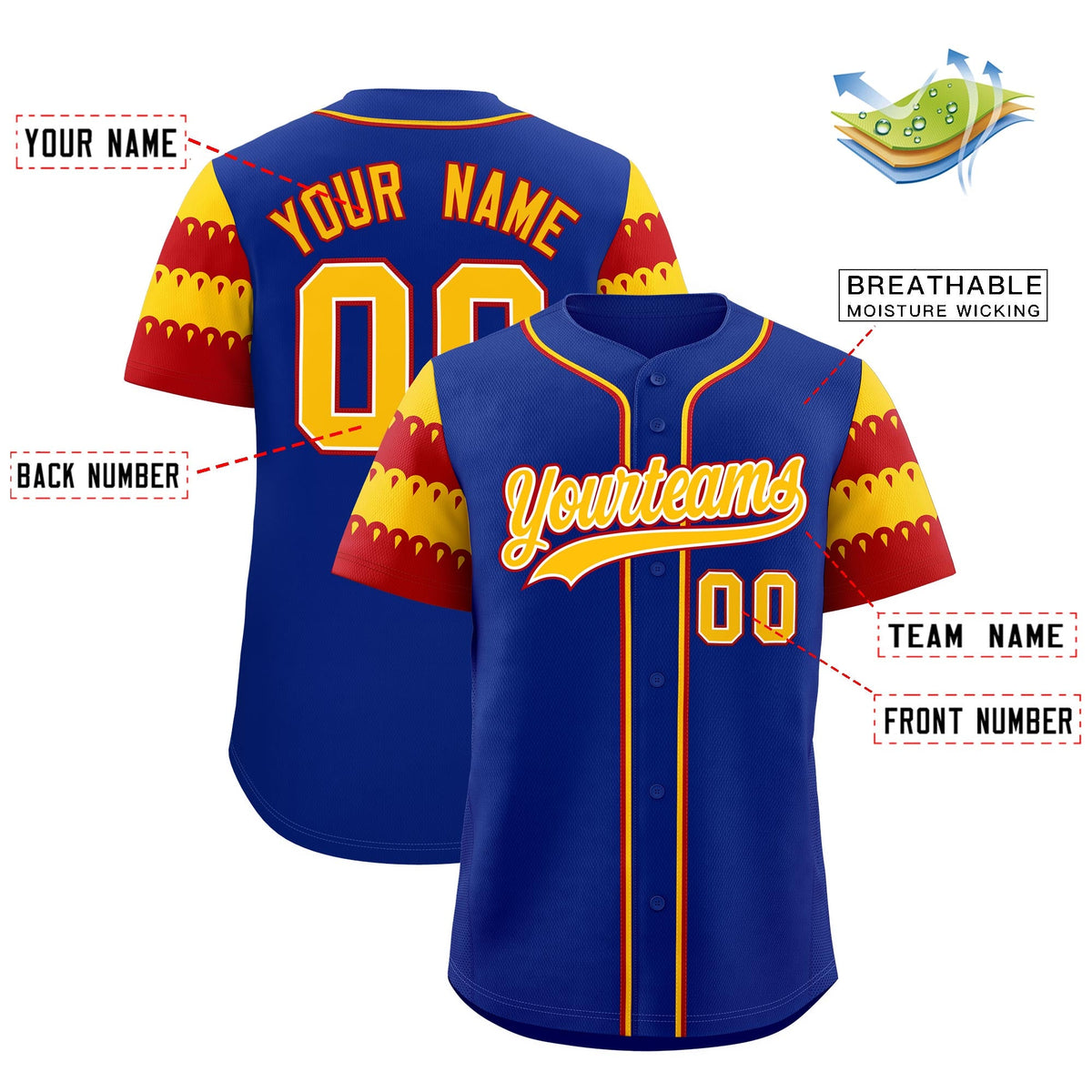 Custom Royal Gold Red Sleeve Flag Lace Baseball Jersey | Sublimation Printed &amp; Embroidery,Add Name and Numbern,Perfect for Teams | KXKSHOP