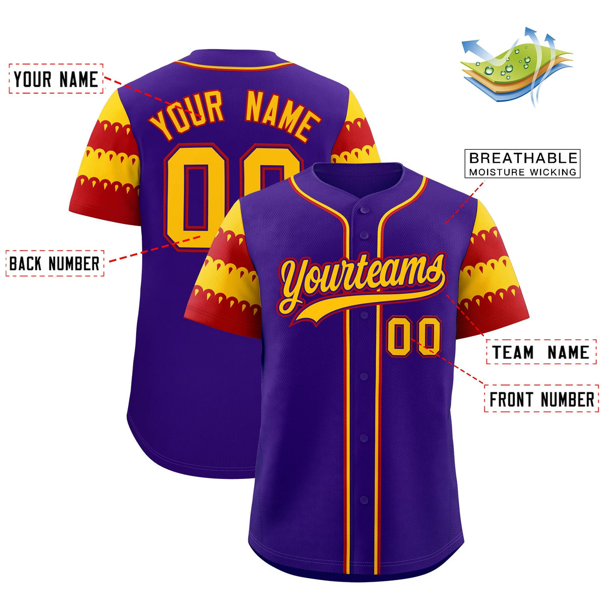Custom Purple Gold Red Sleeve Flag Lace Baseball Jersey | Sublimation Printed &amp; Embroidery,Add Name and Numbern,Perfect for Teams | KXKSHOP