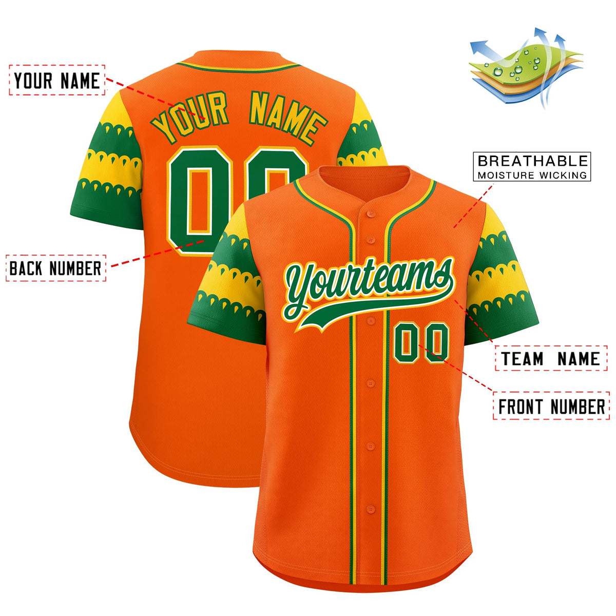Custom Orange Gold Kelly Green Sleeve Flag Lace Baseball Jersey | Sublimation Printed &amp; Embroidery,Add Name and Numbern,Perfect for Teams | KXKSHOP