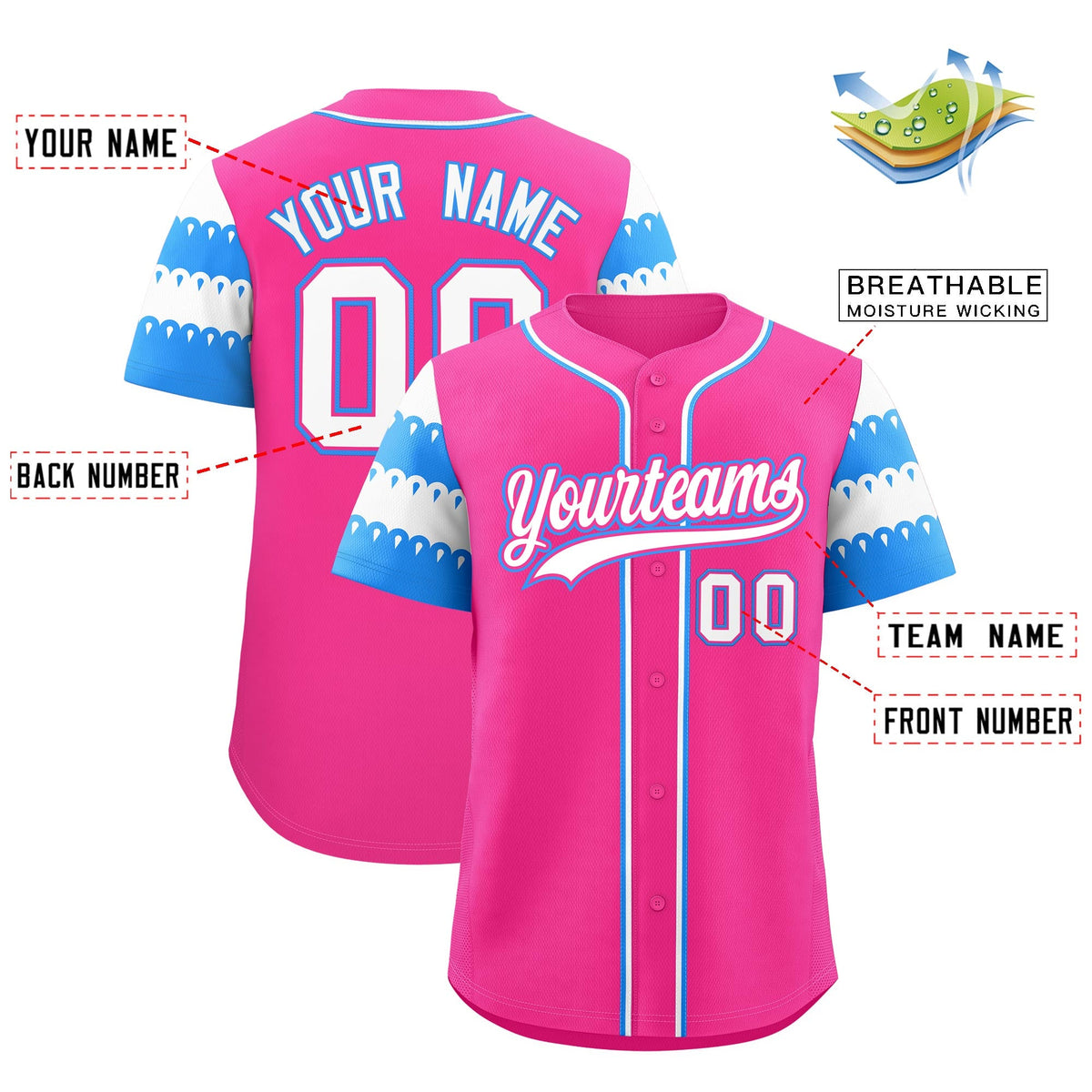 Custom Pink Powder Blue White Sleeve Flag Lace Baseball Jersey | Sublimation Printed &amp; Embroidery,Add Name and Numbern,Perfect for Teams | KXKSHOP
