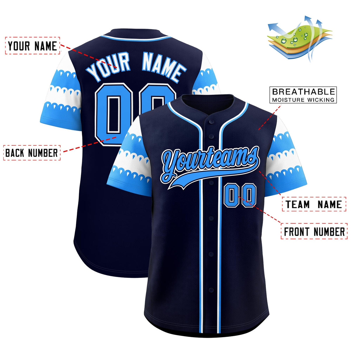 Custom Black Powder Blue White Sleeve Flag Lace Baseball Jersey | Sublimation Printed &amp; Embroidery,Add Name and Numbern,Perfect for Teams | KXKSHOP