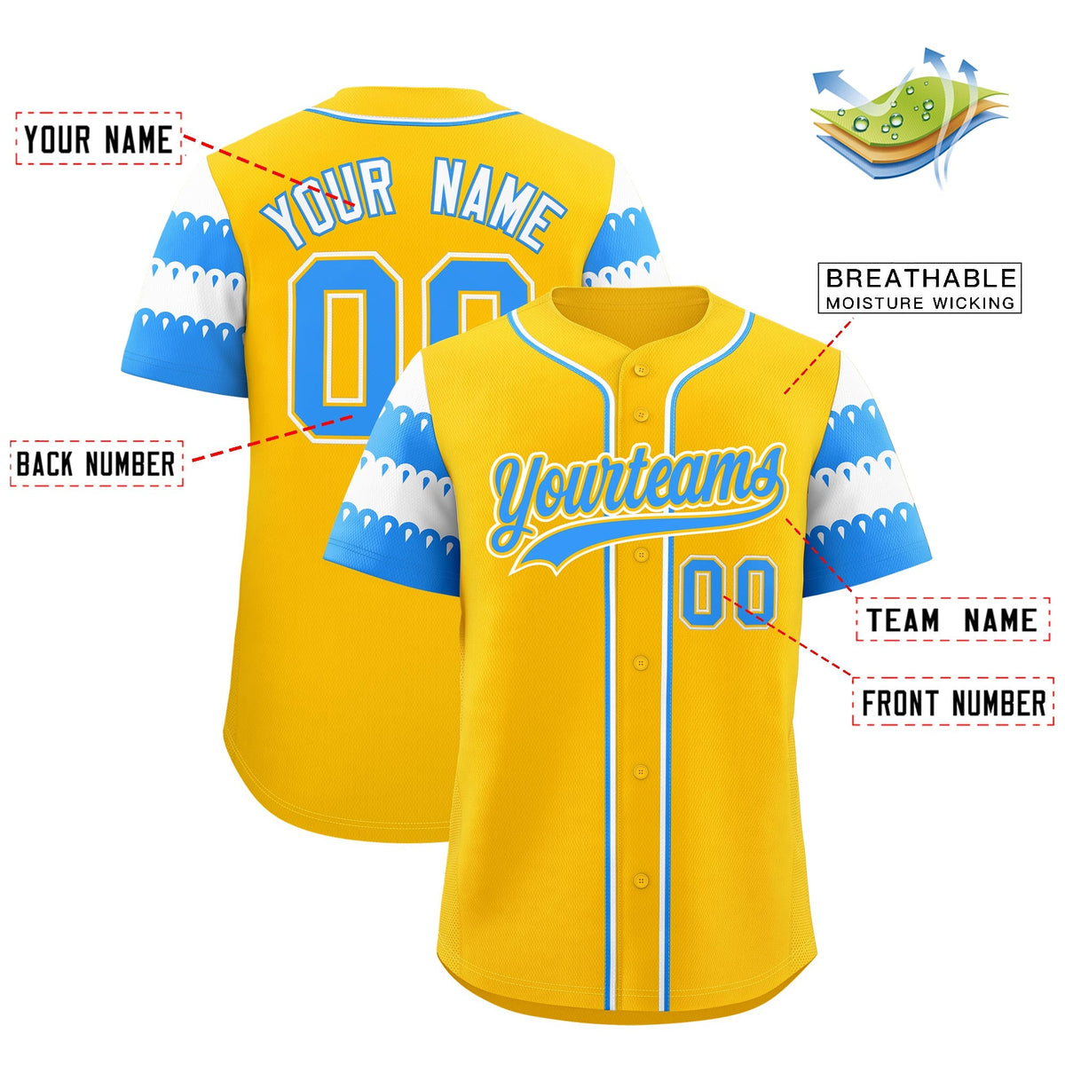 Custom Gold Powder Blue White Sleeve Flag Lace Baseball Jersey | Sublimation Printed &amp; Embroidery,Add Name and Numbern,Perfect for Teams | KXKSHOP