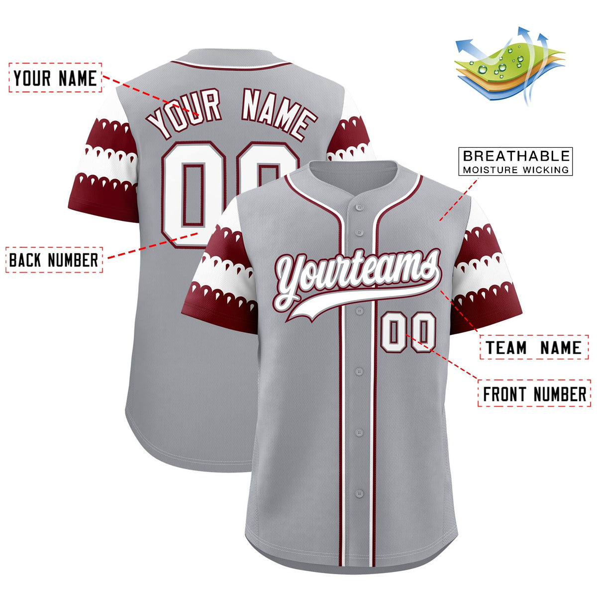 Custom Gray Maroon White Sleeve Flag Lace Baseball Jersey | Sublimation Printed &amp; Embroidery,Add Name and Numbern,Perfect for Teams | KXKSHOP