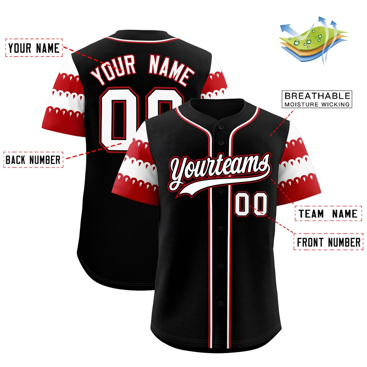 Custom Black Red White Sleeve Flag Lace Baseball Jersey | Sublimation Printed &amp; Embroidery,Add Name and Numbern,Perfect for Teams | KXKSHOP
