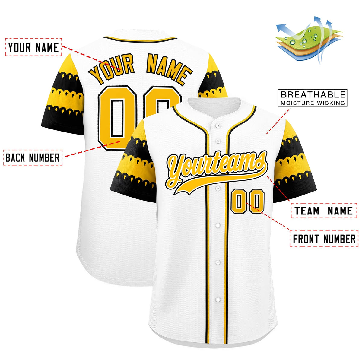 Custom White Gold Black Sleeve Flag Lace Baseball Jersey | Sublimation Printed &amp; Embroidery,Add Name and Numbern,Perfect for Teams | KXKSHOP