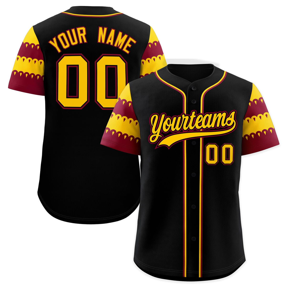 Custom Black Crimson Gold Sleeve Flag Lace Baseball Jersey | Sublimation Printed &amp; Embroidery,Add Name and Numbern,Perfect for Teams | KXKSHOP