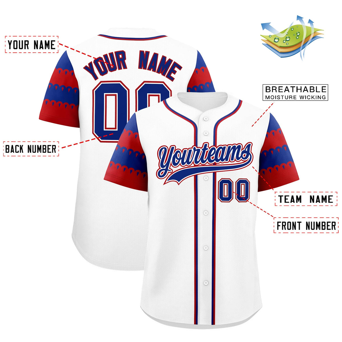 Custom White Red Royal Sleeve Flag Lace Baseball Jersey | Sublimation Printed &amp; Embroidery,Add Name and Numbern,Perfect for Teams | KXKSHOP
