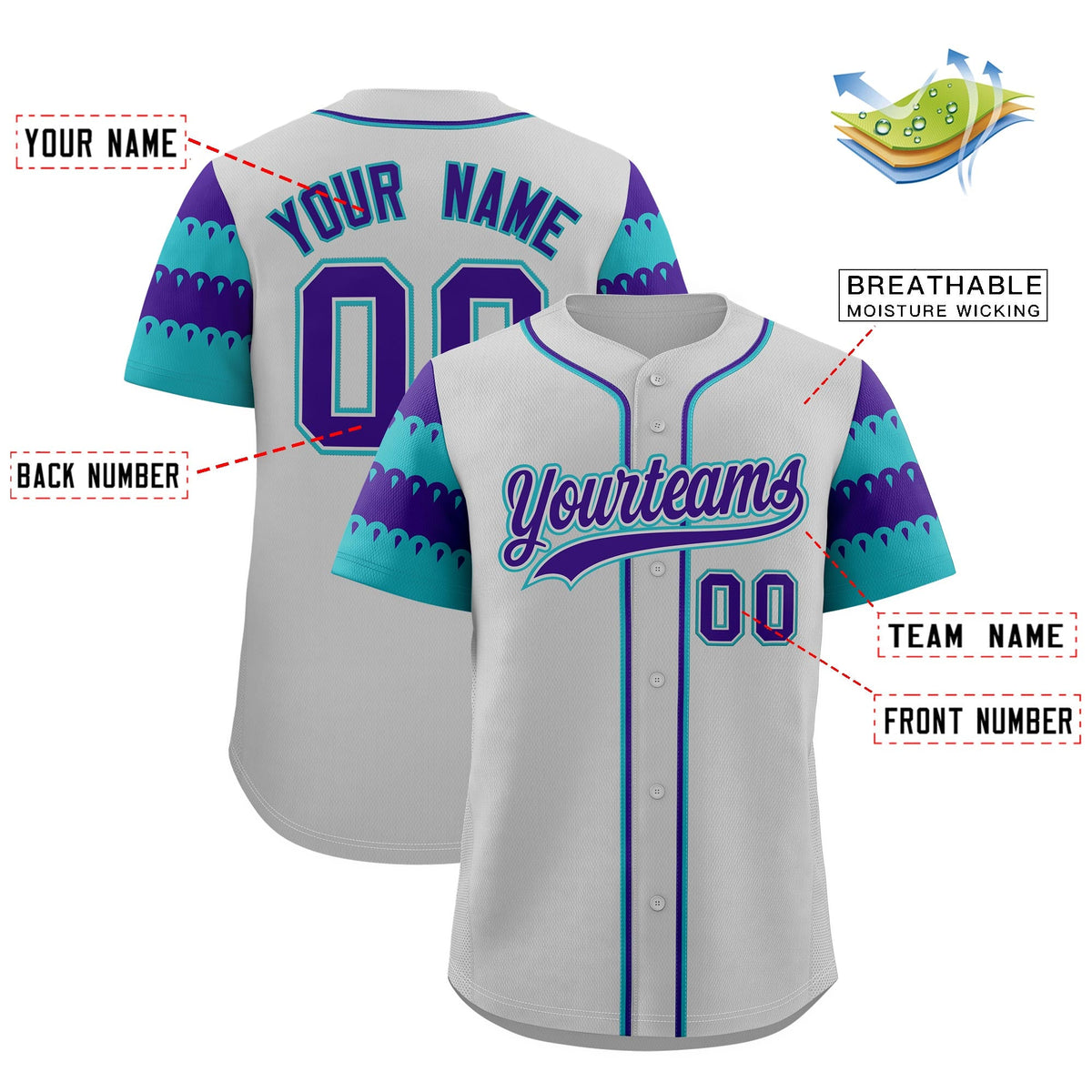 Custom Gray Aqua Purple Sleeve Flag Lace Baseball Jersey | Sublimation Printed &amp; Embroidery,Add Name and Numbern,Perfect for Teams | KXKSHOP