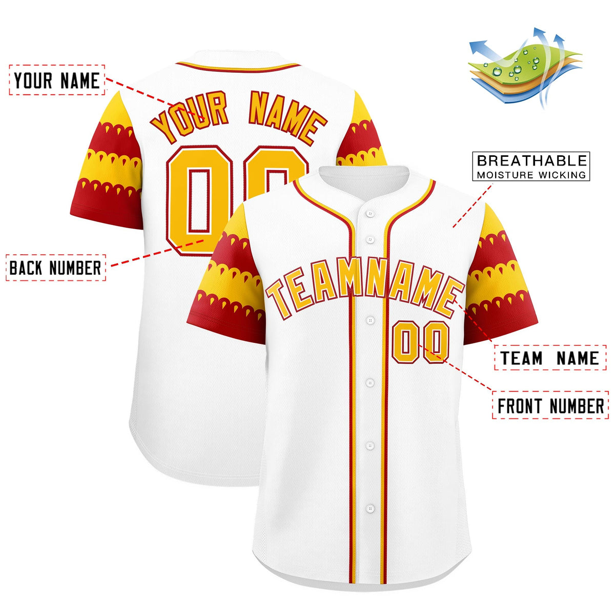 Custom White Red Gold Sleeve Flag Lace Baseball Jersey | Sublimation Printed &amp; Embroidery,Add Name and Numbern,Perfect for Teams | KXKSHOP