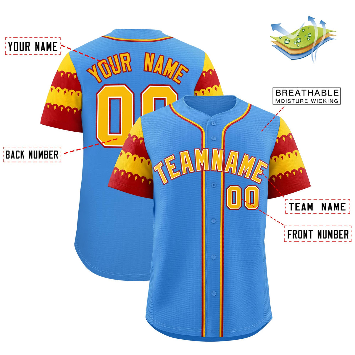Custom Powder Blue Gold Red Sleeve Flag Lace Baseball Jersey | Sublimation Printed &amp; Embroidery,Add Name and Numbern,Perfect for Teams | KXKSHOP
