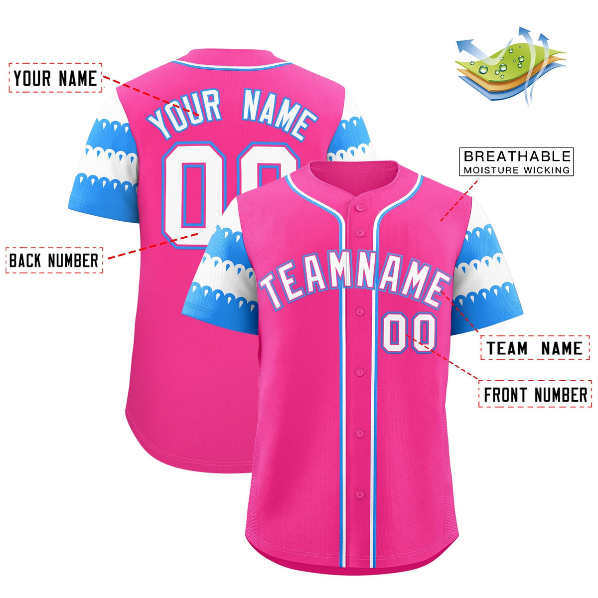 Custom Pink Powder Blue White Sleeve Flag Lace Baseball Jersey | Sublimation Printed &amp; Embroidery,Add Name and Numbern,Perfect for Teams | KXKSHOP