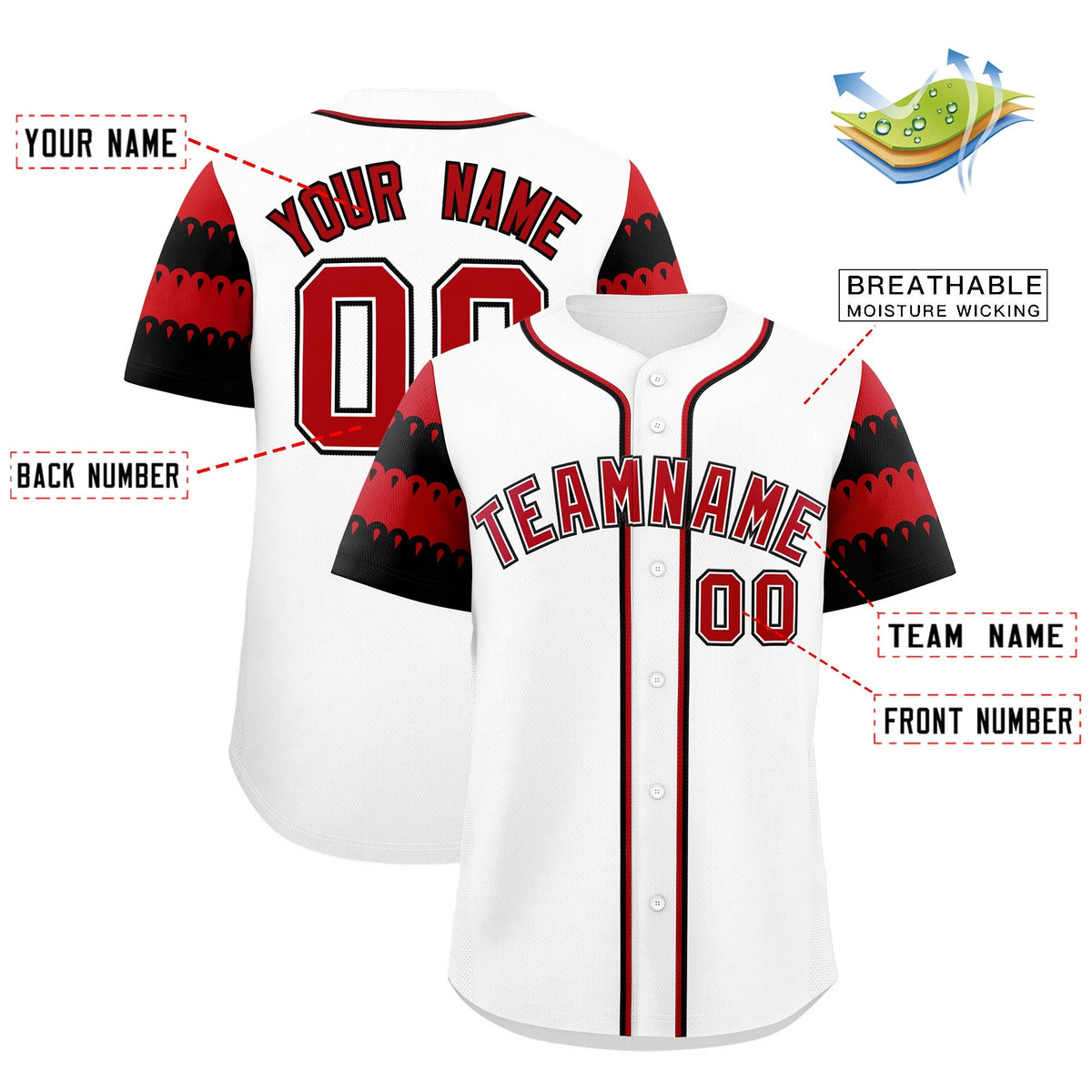 Custom White Red Black Sleeve Flag Lace Baseball Jersey | Sublimation Printed &amp; Embroidery,Add Name and Numbern,Perfect for Teams | KXKSHOP