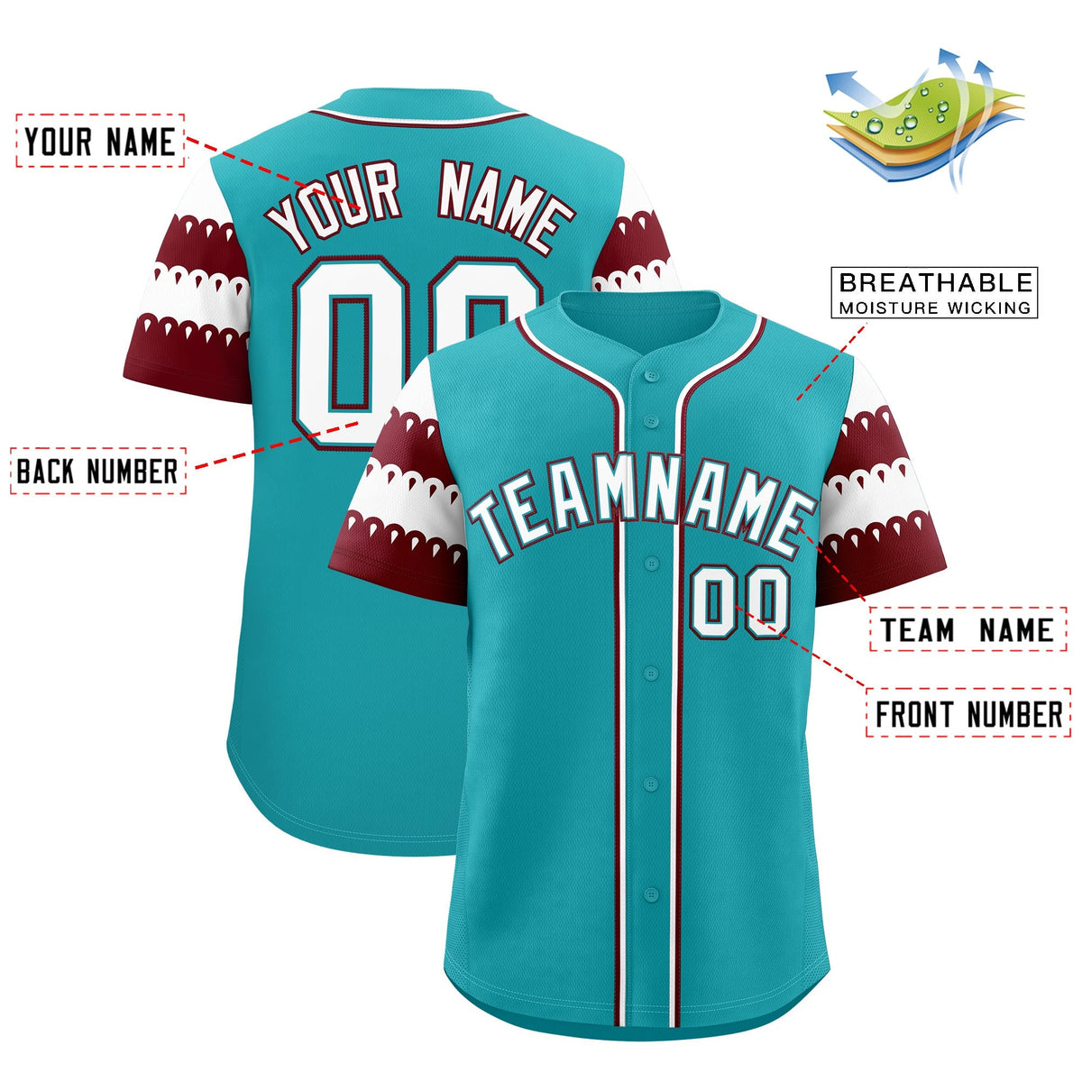 Custom Aqua Maroon White Sleeve Flag Lace Baseball Jersey | Sublimation Printed &amp; Embroidery,Add Name and Numbern,Perfect for Teams | KXKSHOP