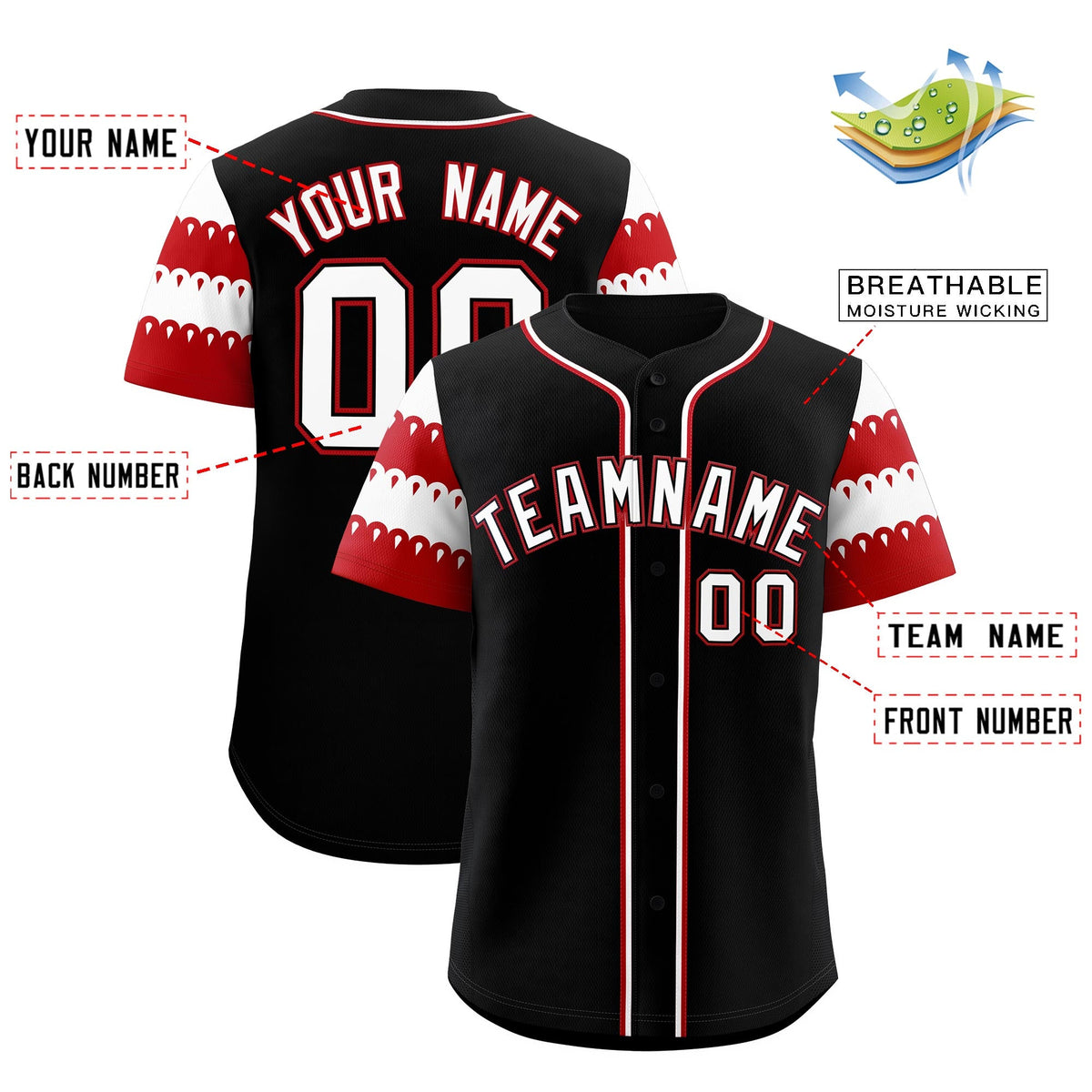 Custom Black Red White Sleeve Flag Lace Baseball Jersey | Sublimation Printed &amp; Embroidery,Add Name and Numbern,Perfect for Teams | KXKSHOP