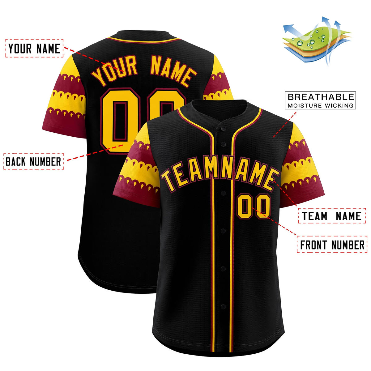 Custom Black Crimson Gold Sleeve Flag Lace Baseball Jersey | Sublimation Printed &amp; Embroidery,Add Name and Numbern,Perfect for Teams | KXKSHOP