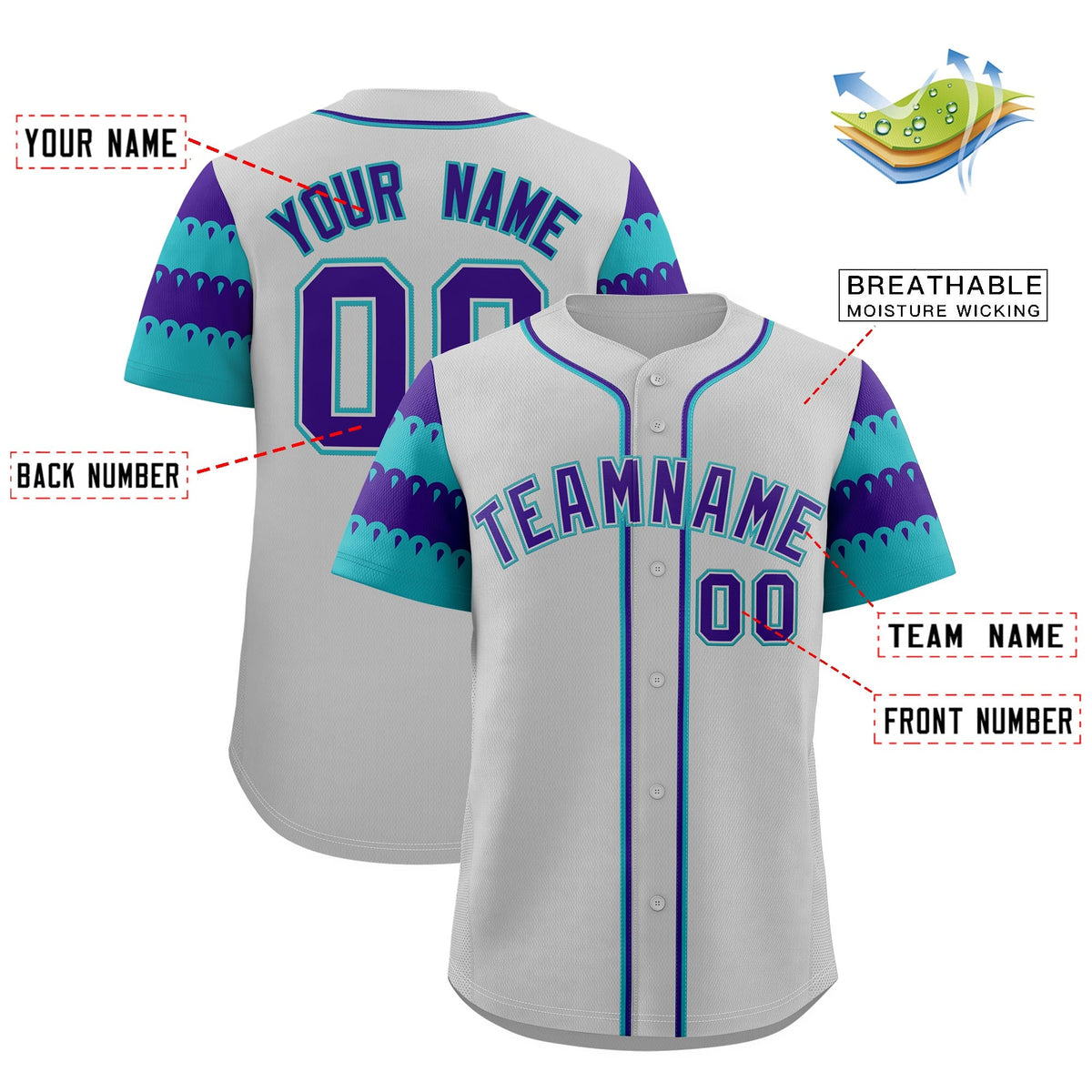 Custom Gray Aqua Purple Sleeve Flag Lace Baseball Jersey | Sublimation Printed &amp; Embroidery,Add Name and Numbern,Perfect for Teams | KXKSHOP