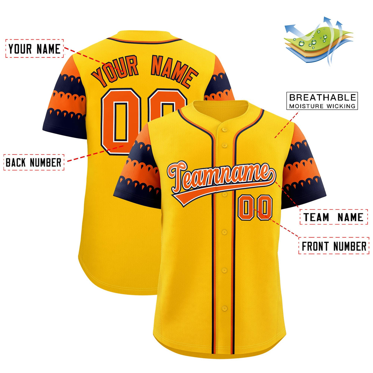 Custom Gold Orange Navy Sleeve Flag Lace Baseball Jersey | Sublimation Printed &amp; Embroidery,Add Name and Numbern,Perfect for Teams | KXKSHOP