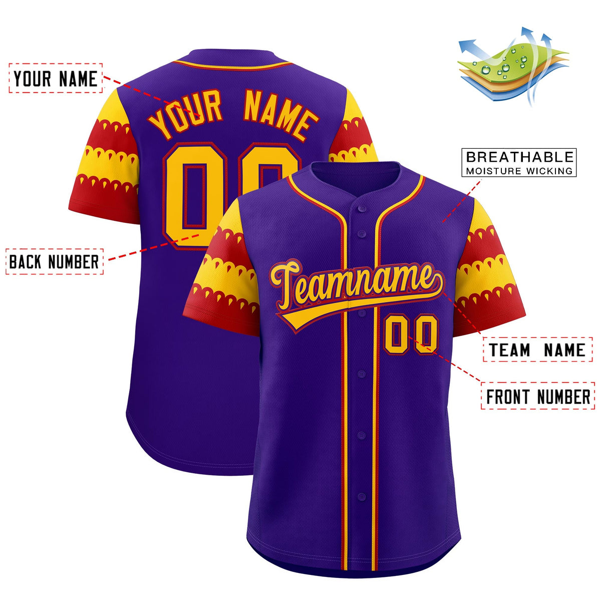 Custom Purple Gold Red Sleeve Flag Lace Baseball Jersey | Sublimation Printed &amp; Embroidery,Add Name and Numbern,Perfect for Teams | KXKSHOP