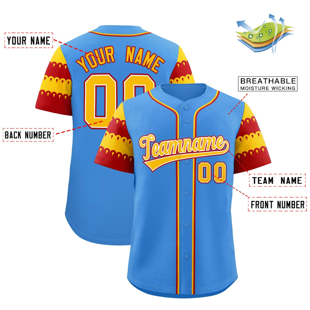 Custom Powder Blue Gold Red Sleeve Flag Lace Baseball Jersey | Sublimation Printed &amp; Embroidery,Add Name and Numbern,Perfect for Teams | KXKSHOP