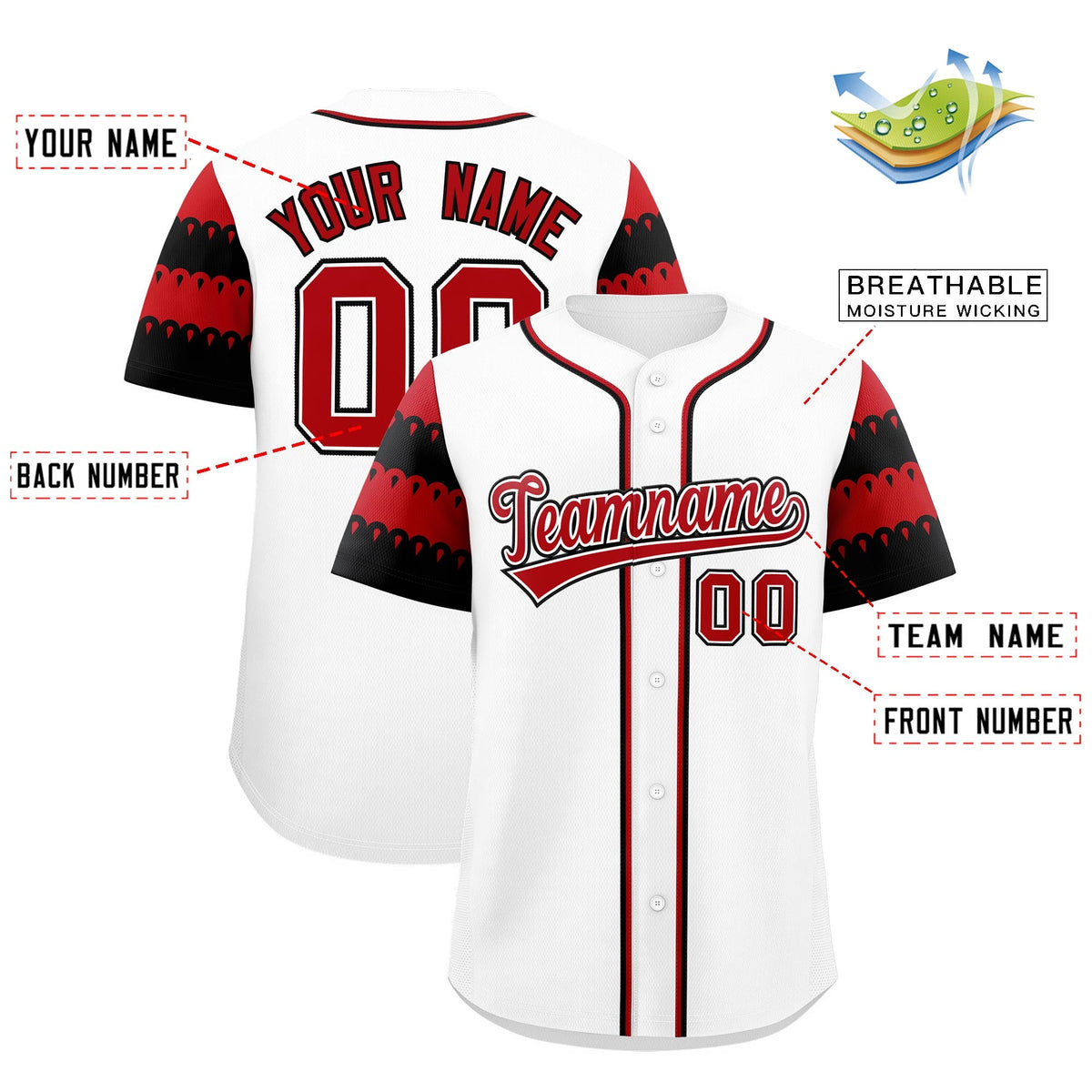 Custom White Red Black Sleeve Flag Lace Baseball Jersey | Sublimation Printed &amp; Embroidery,Add Name and Numbern,Perfect for Teams | KXKSHOP
