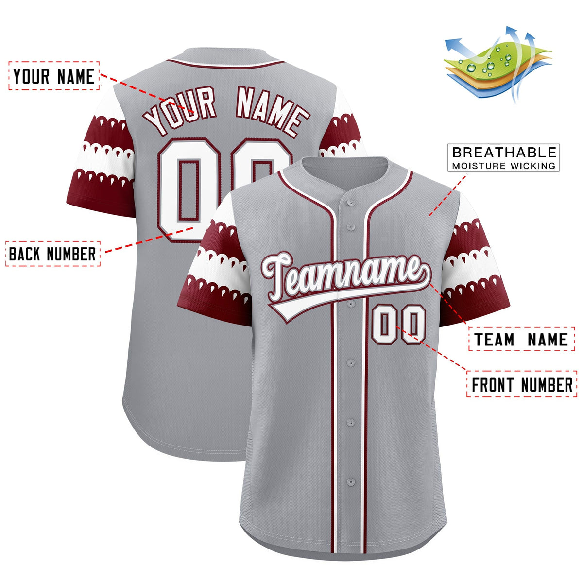 Custom Gray Maroon White Sleeve Flag Lace Baseball Jersey | Sublimation Printed &amp; Embroidery,Add Name and Numbern,Perfect for Teams | KXKSHOP