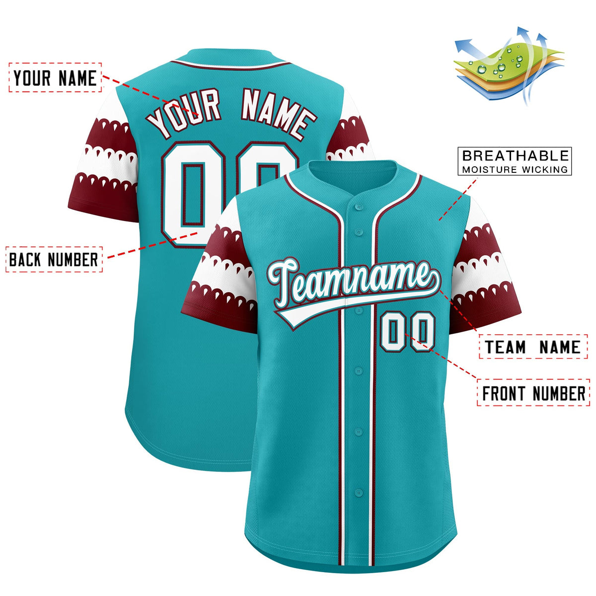 Custom Aqua Maroon White Sleeve Flag Lace Baseball Jersey | Sublimation Printed &amp; Embroidery,Add Name and Numbern,Perfect for Teams | KXKSHOP