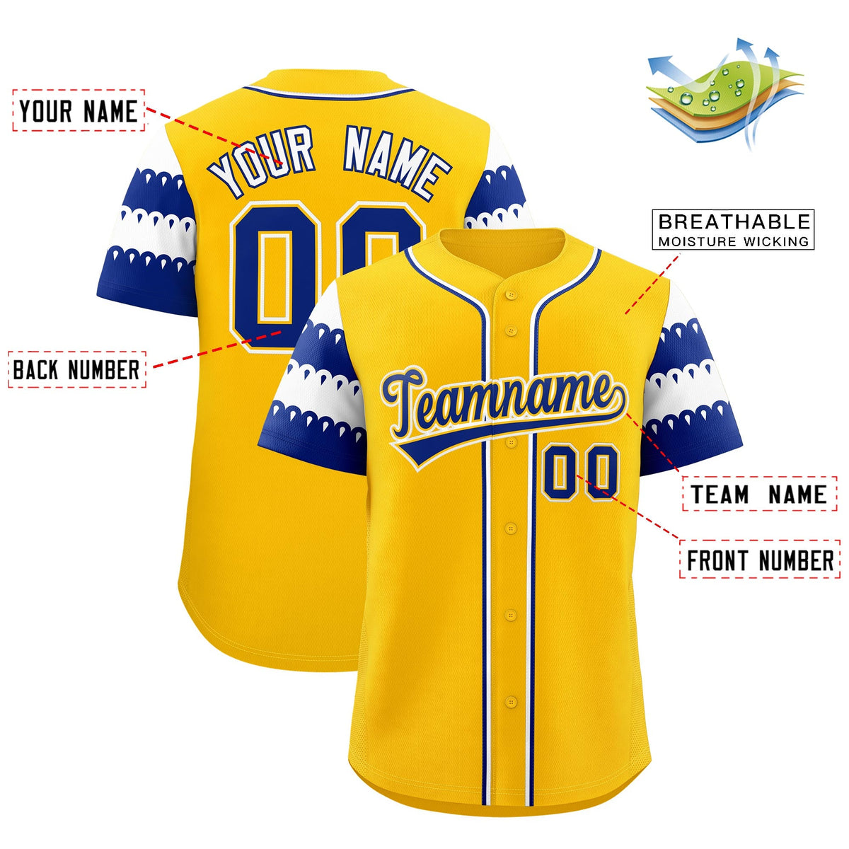 Custom Gold Royal White Sleeve Flag Lace Baseball Jersey | Sublimation Printed &amp; Embroidery,Add Name and Numbern,Perfect for Teams | KXKSHOP