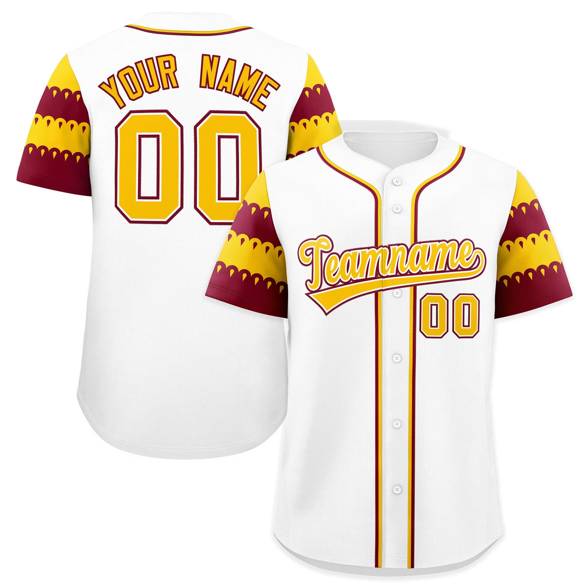 Custom White Crimson Gold Sleeve Flag Lace Baseball Jersey | Sublimation Printed &amp; Embroidery,Add Name and Numbern,Perfect for Teams | KXKSHOP