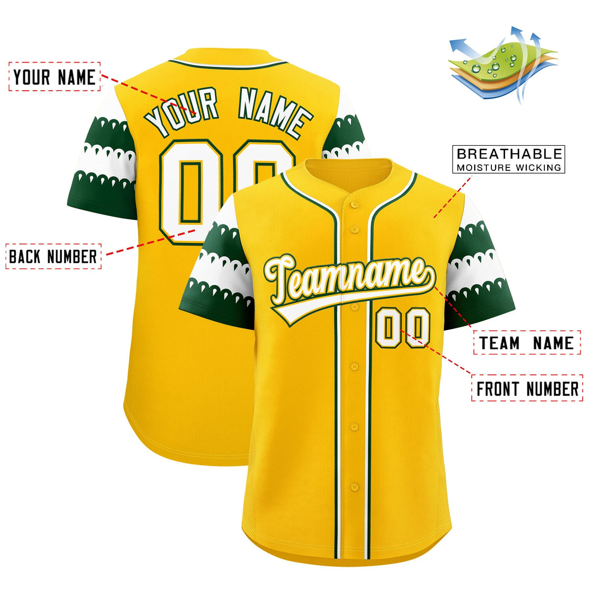 Custom Gold Green White Sleeve Flag Lace Baseball Jersey | Sublimation Printed &amp; Embroidery,Add Name and Numbern,Perfect for Teams | KXKSHOP