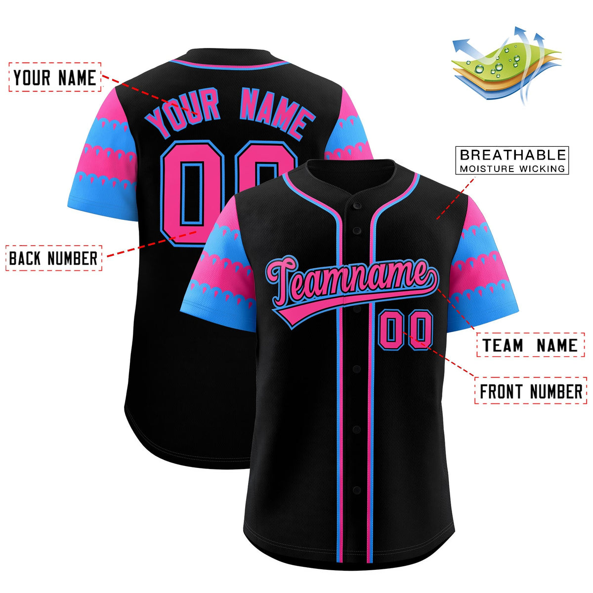 Custom Black Pink Powder Blue Sleeve Flag Lace Baseball Jersey | Sublimation Printed &amp; Embroidery,Add Name and Numbern,Perfect for Teams | KXKSHOP
