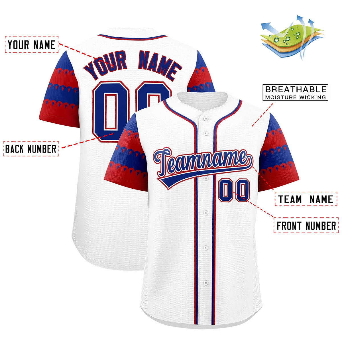 Custom White Red Royal Sleeve Flag Lace Baseball Jersey | Sublimation Printed &amp; Embroidery,Add Name and Numbern,Perfect for Teams | KXKSHOP