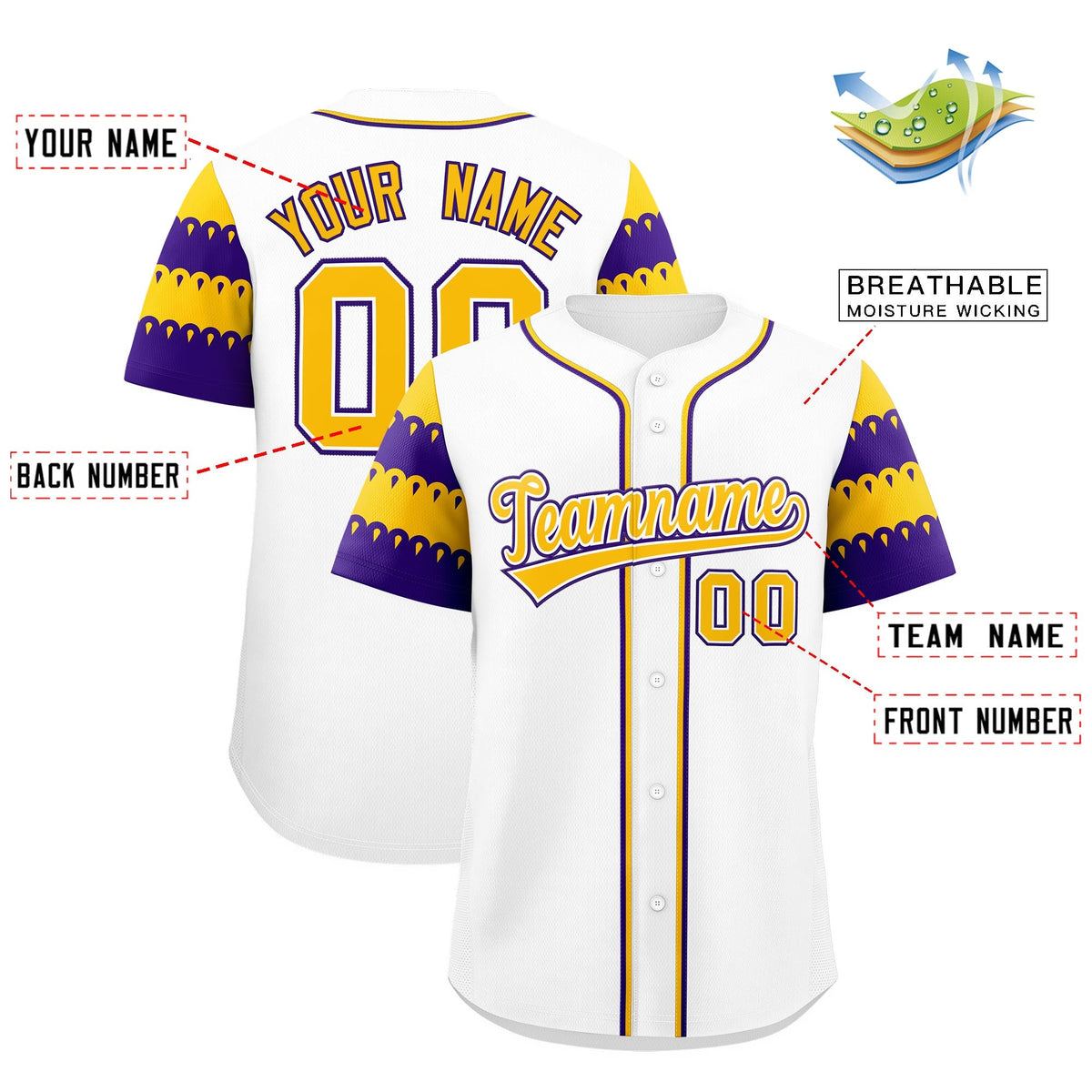 Custom White Gold Purple Sleeve Flag Lace Baseball Jersey | Sublimation Printed &amp; Embroidery,Add Name and Numbern,Perfect for Teams | KXKSHOP