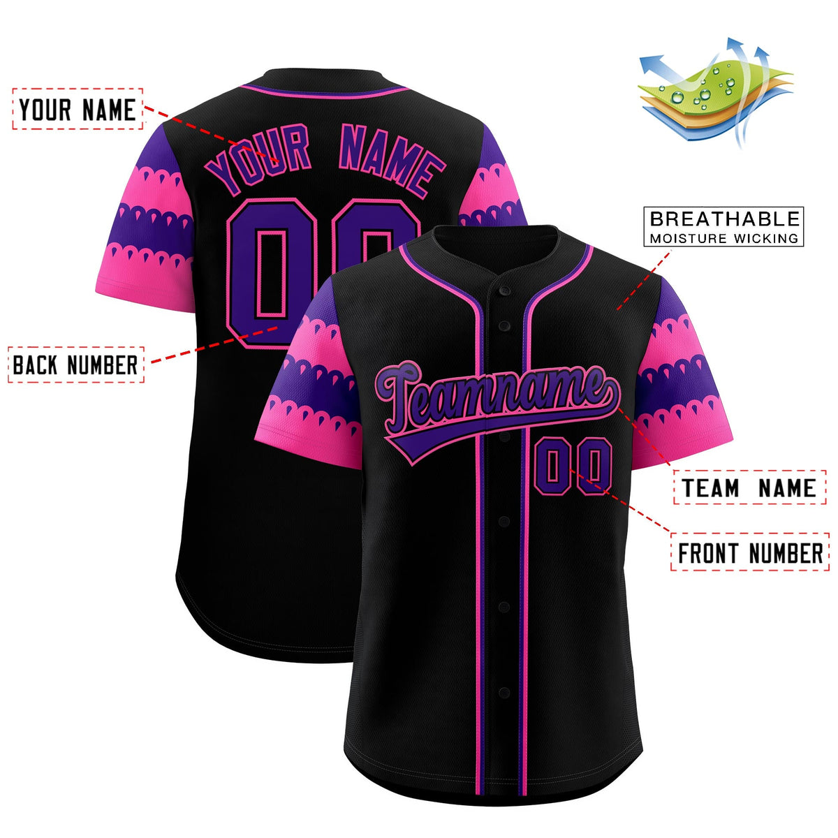 Custom Black Pink Purple Sleeve Flag Lace Baseball Jersey | Sublimation Printed &amp; Embroidery,Add Name and Numbern,Perfect for Teams | KXKSHOP