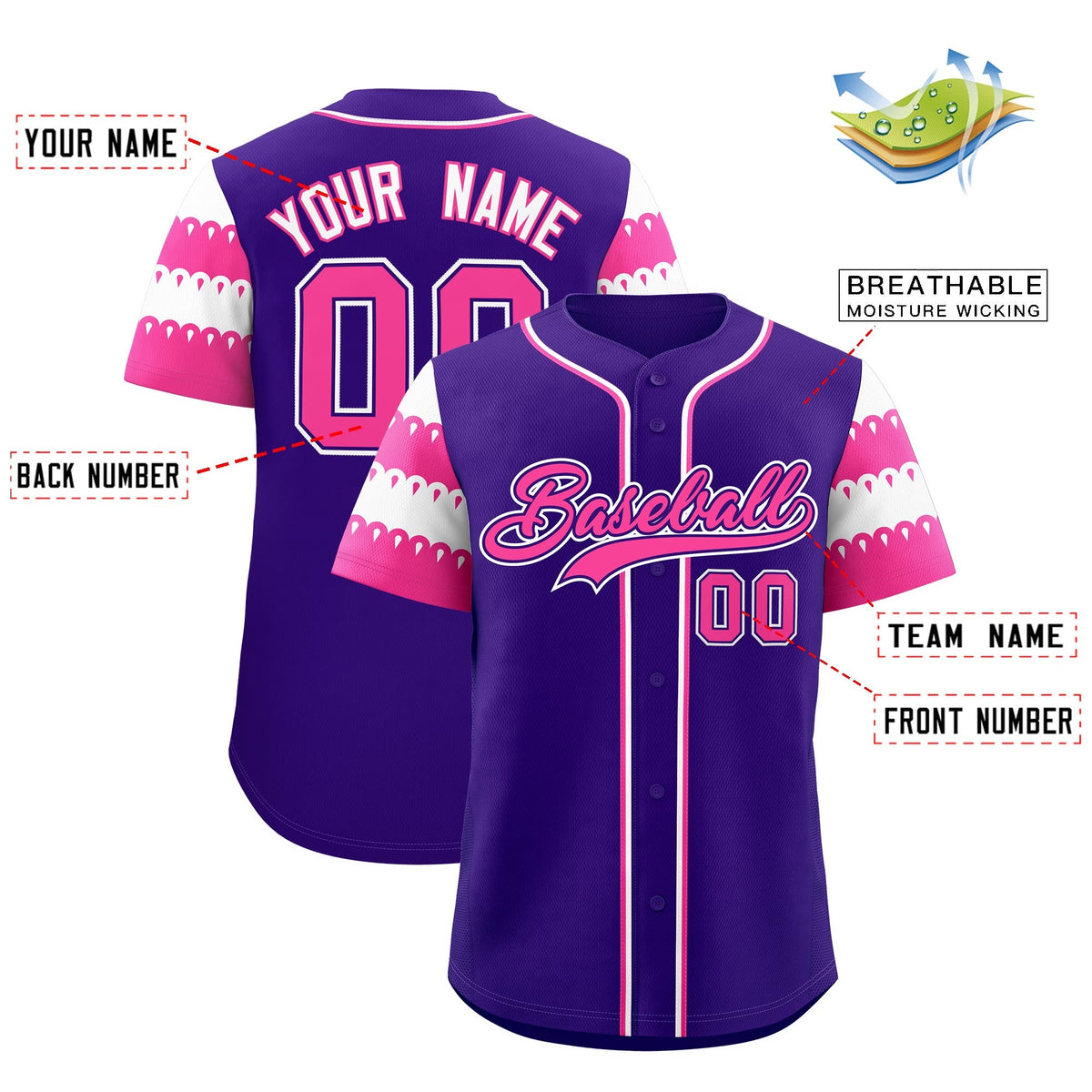 Custom Purple Pink White Sleeve Flag Lace Baseball Jersey | Sublimation Printed &amp; Embroidery,Add Name and Numbern,Perfect for Teams | KXKSHOP