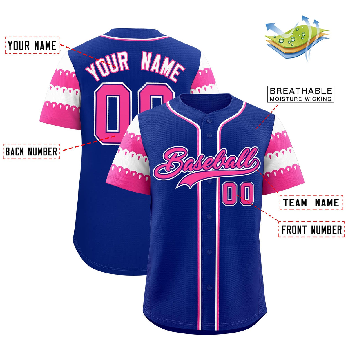 Custom Royal Pink White Sleeve Flag Lace Baseball Jersey | Sublimation Printed &amp; Embroidery,Add Name and Numbern,Perfect for Teams | KXKSHOP