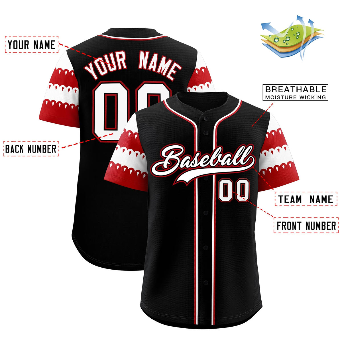 Custom Black Red White Sleeve Flag Lace Baseball Jersey | Sublimation Printed &amp; Embroidery,Add Name and Numbern,Perfect for Teams | KXKSHOP