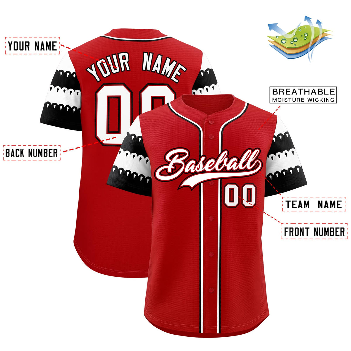 Custom Red White Black Sleeve Flag Lace Baseball Jersey | Sublimation Printed &amp; Embroidery,Add Name and Numbern,Perfect for Teams | KXKSHOP