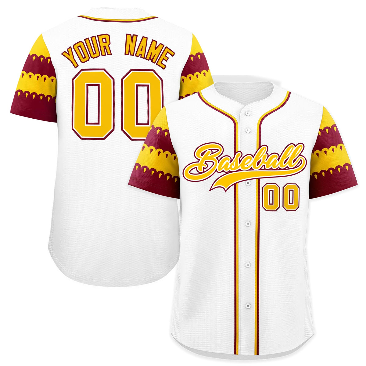 Custom White Crimson Gold Sleeve Flag Lace Baseball Jersey | Sublimation Printed &amp; Embroidery,Add Name and Numbern,Perfect for Teams | KXKSHOP